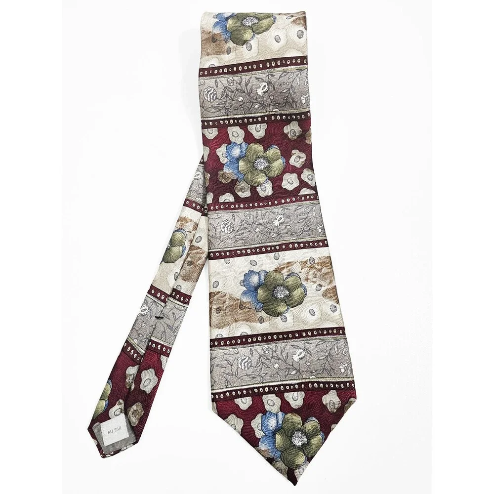 Casual Works Floral Maron Gray Vintage Men's Silk Tie 80s 90s